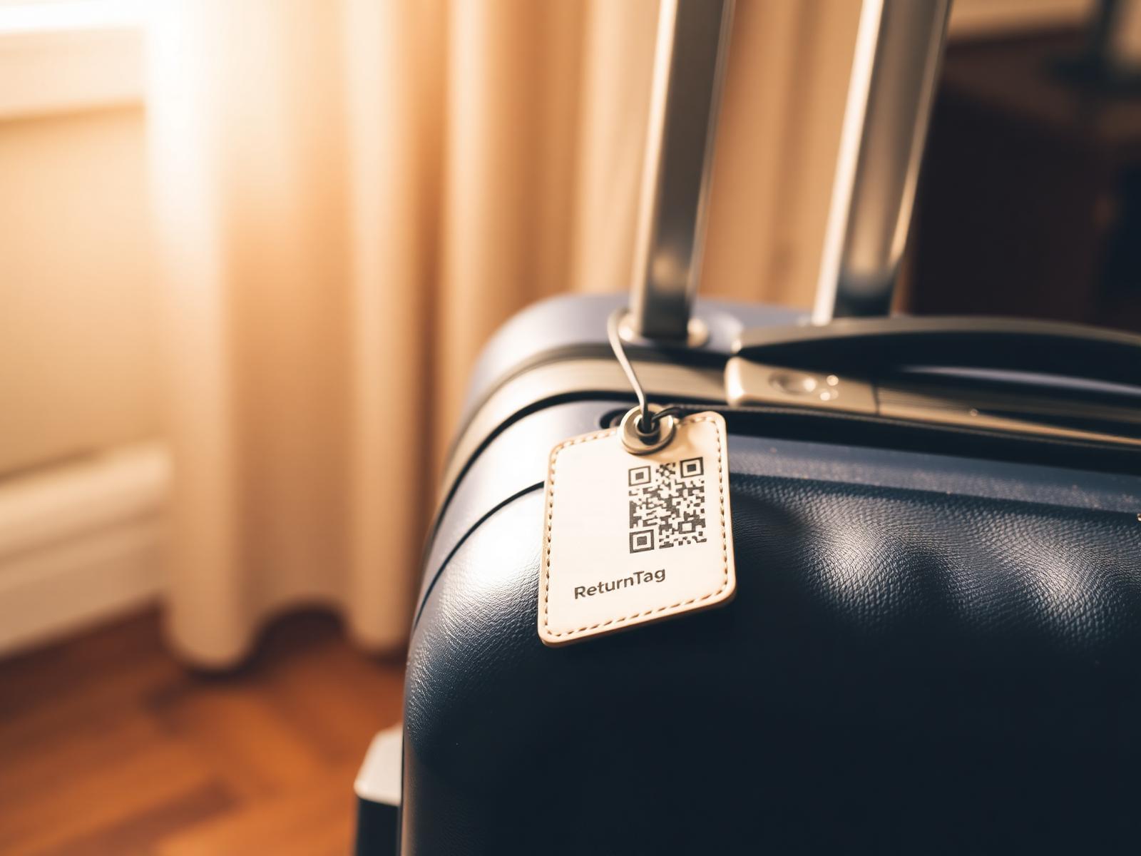 Navy suitcase with a HeyCasey QR tag hanging from the handle