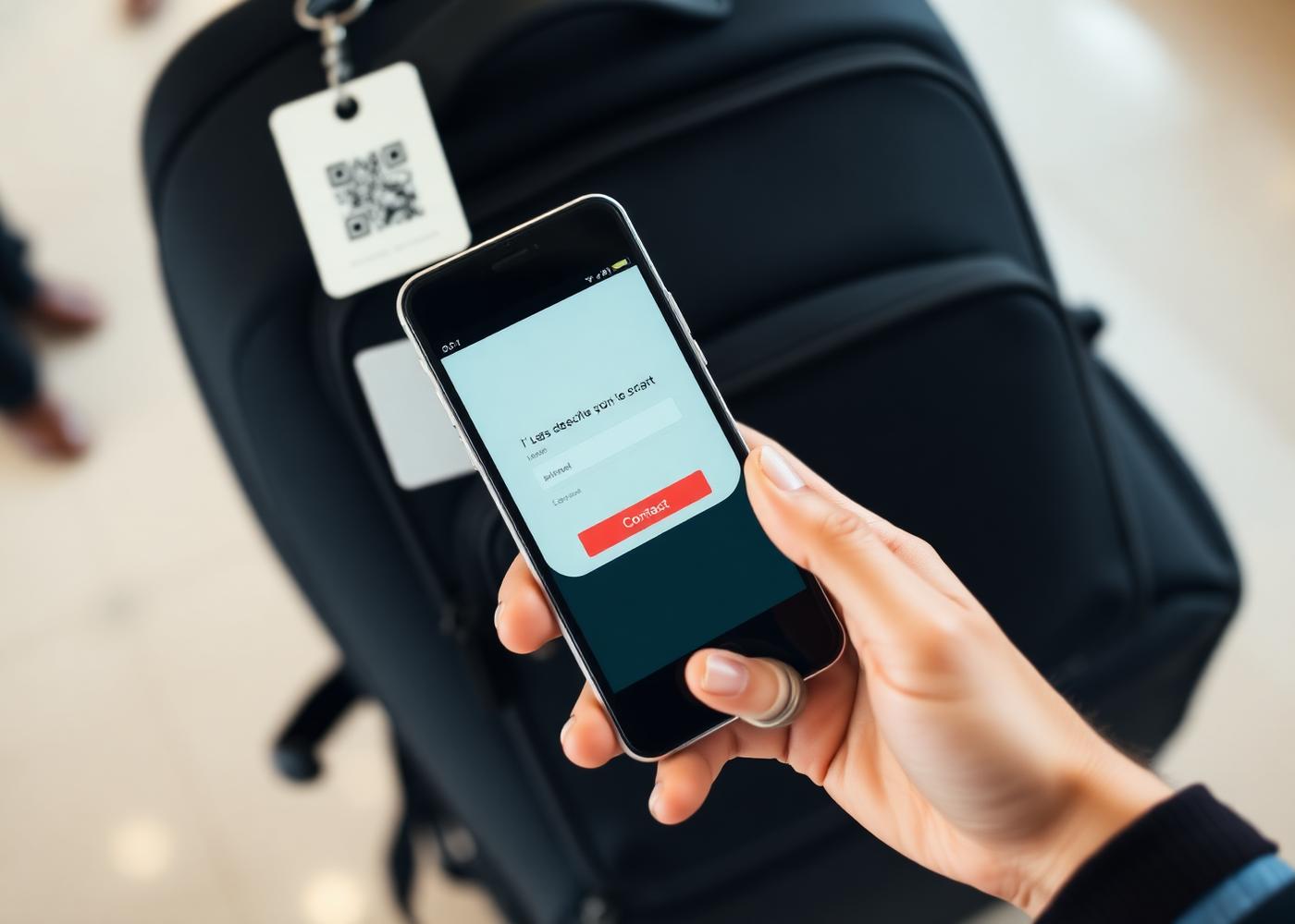 Phone scanning a HeyCasey QR luggage tag